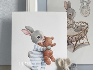 Cute Bunny Holding Teddy Bear | Prints