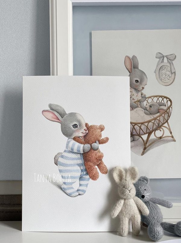 Cute Bunny Holding Teddy Bear | Prints